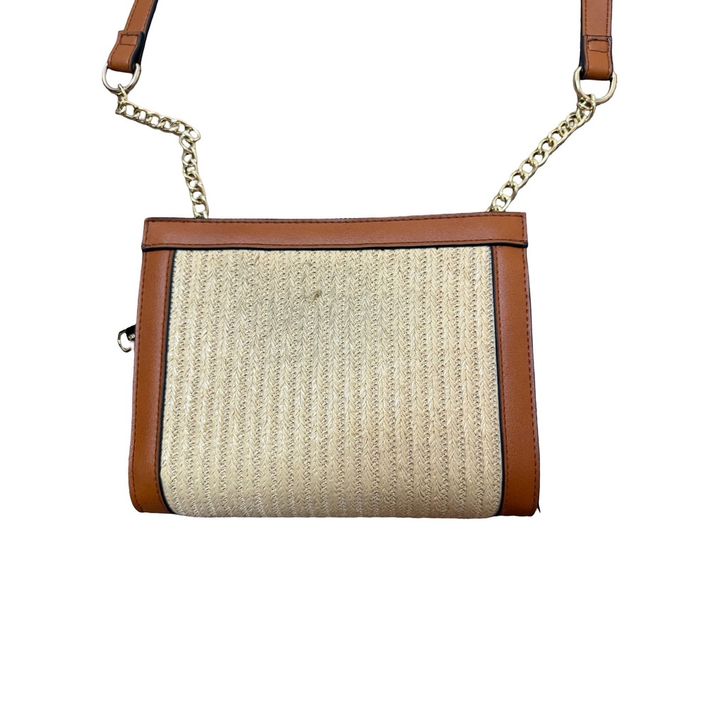 Steve Madden Crossbody Bag Brown Straw Woven Faux Leather Gold Chain Strap - Picture 5 of 6